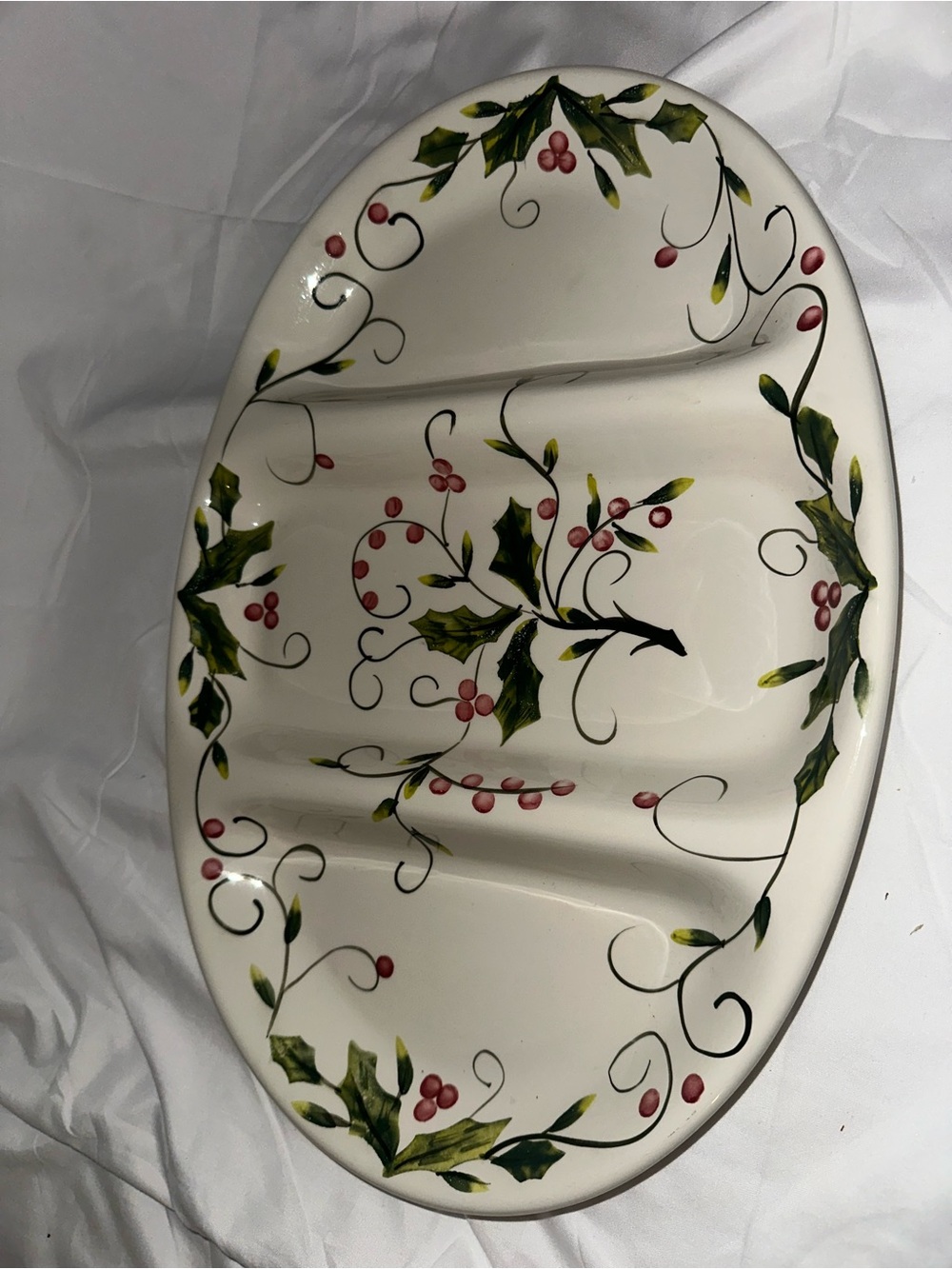 Holly Berry Tabletops Unlimited Christmas Divided Serving Platter 14”